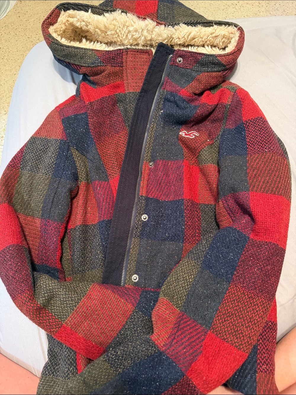 Hollister Red Navy Olive Plaid Sherpa Hoodie Jacket